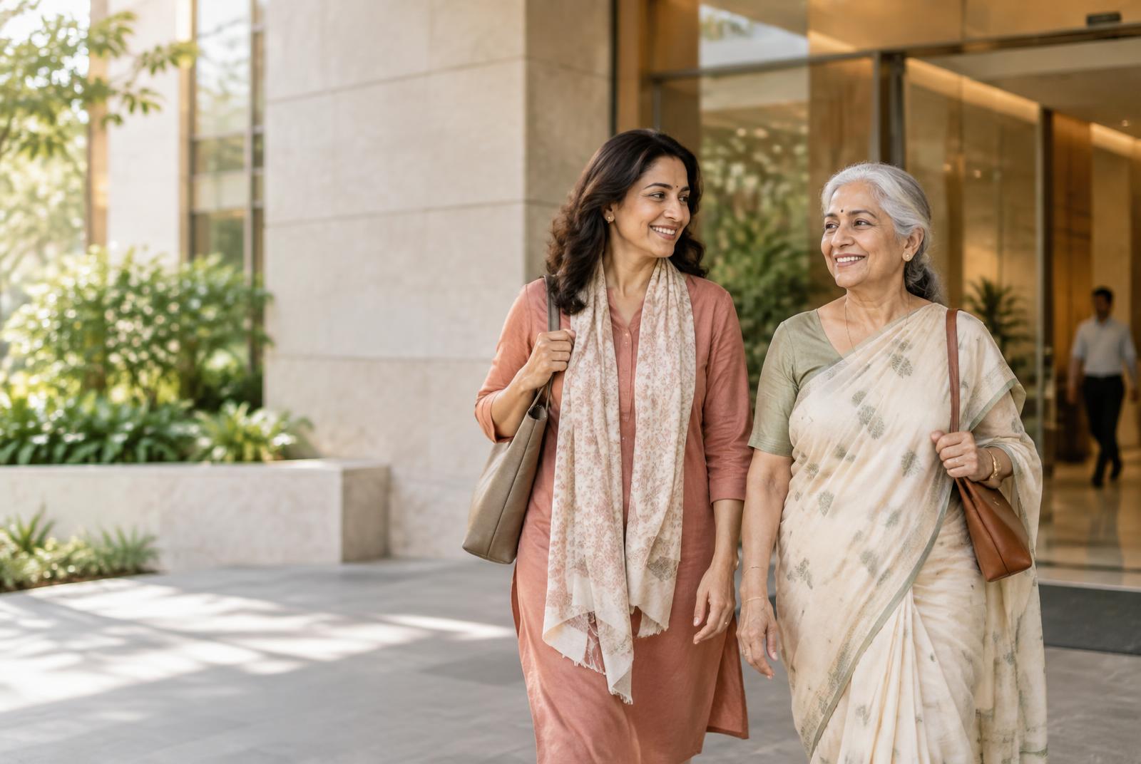 A companion walking beside an older woman outside a hospital